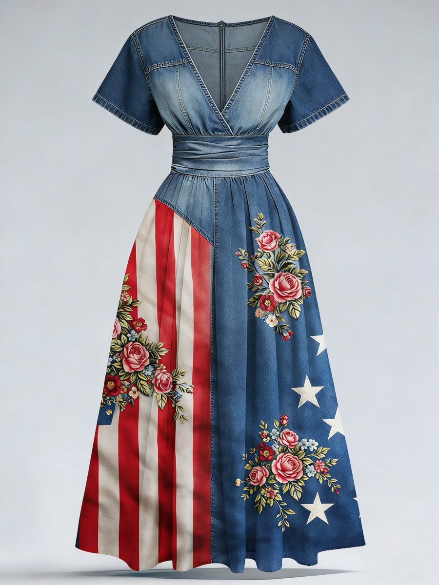 Retro Denim Floral Art Printed Elegant V-Neck Vintage Short Sleeve Maxi Dress