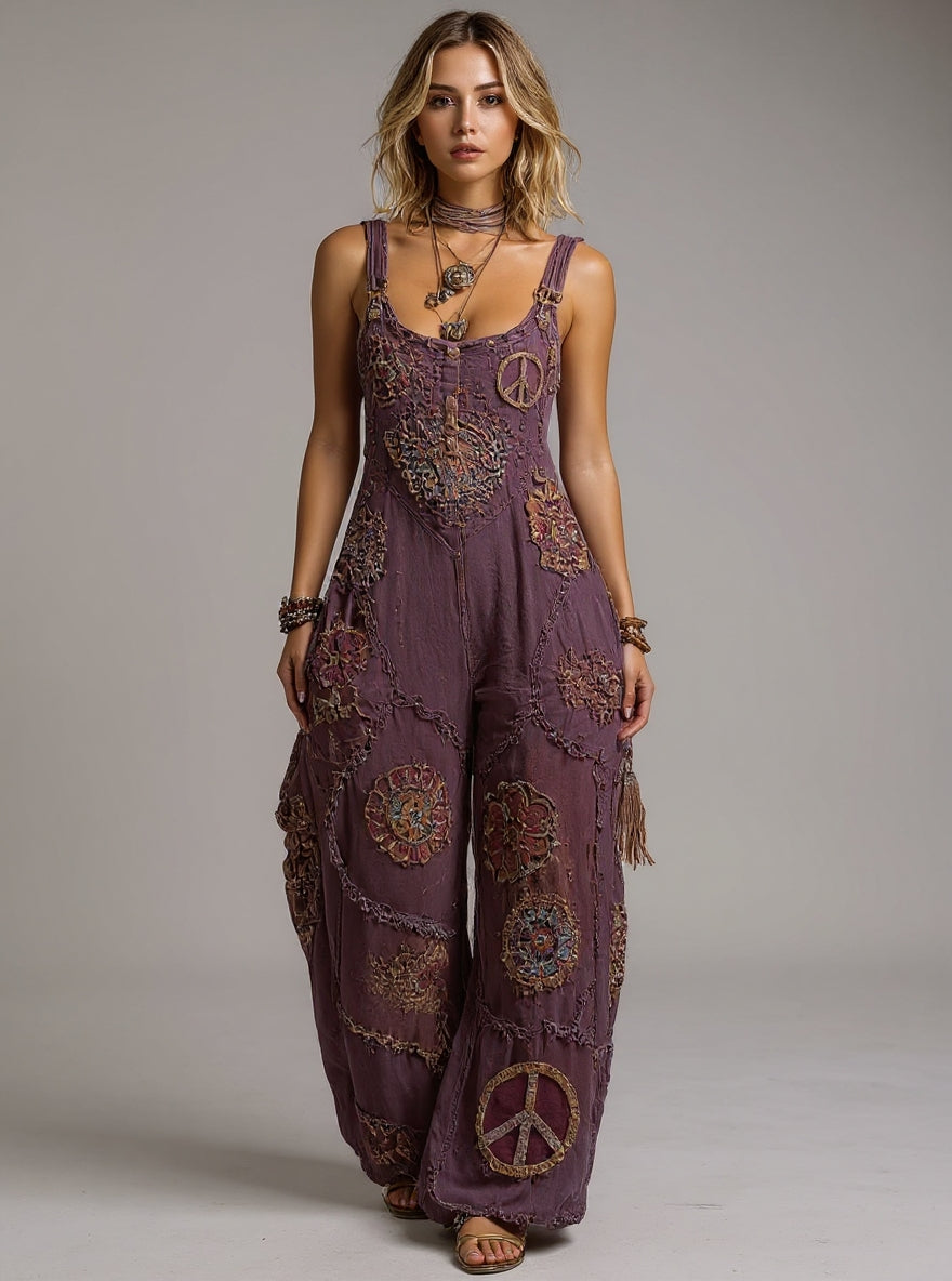 Women's Retro Style Art Print Washed Cotton Denim Patchwork Jumpsuit