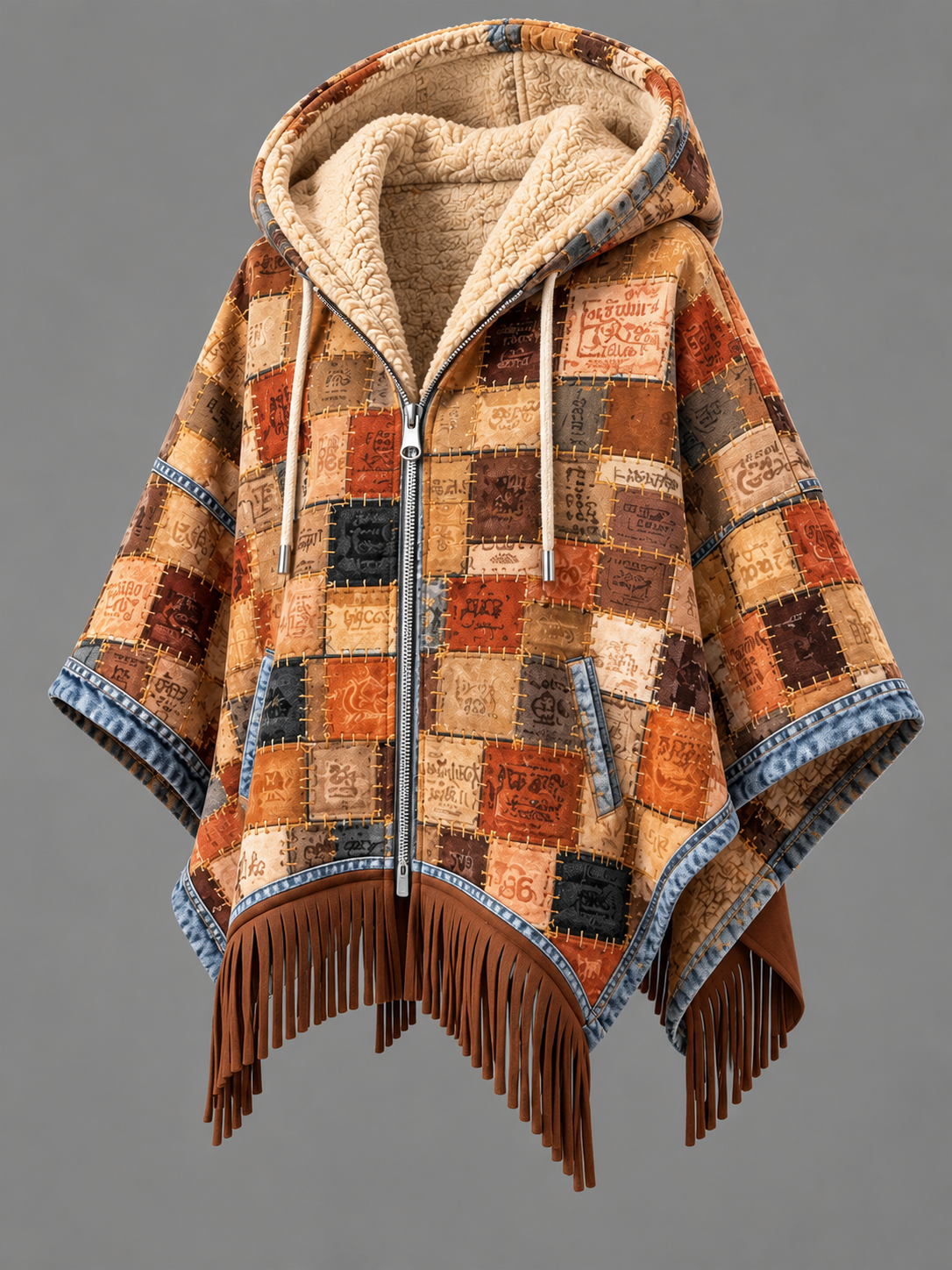 Women's Fall Winter Vintage Art Fleece-Lined Hooded Fringe Poncho