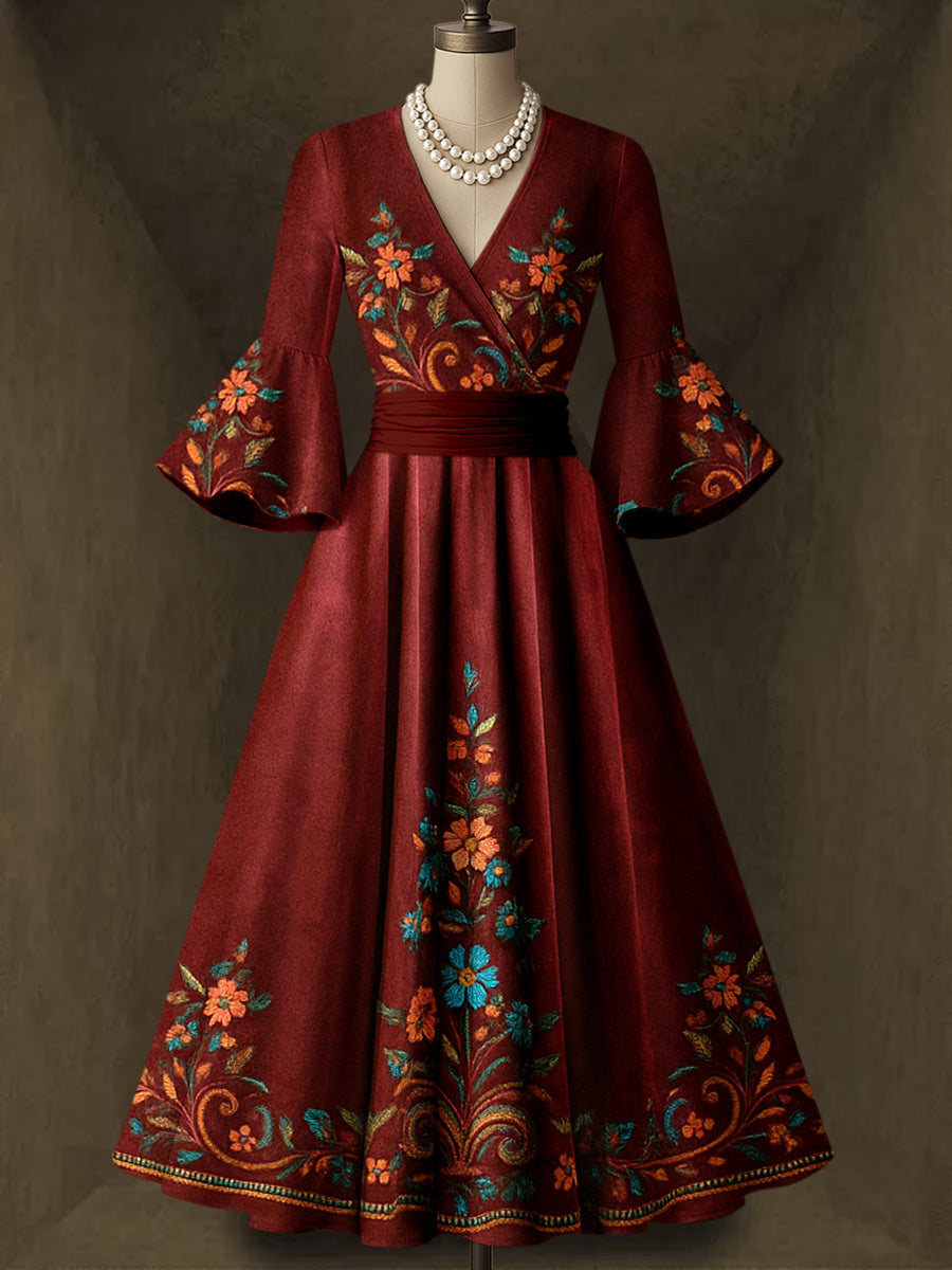 Retro Floral Carved Art Printed V-Neck Vintage Chic Pleated Waist Flare Sleeve Midi Dress