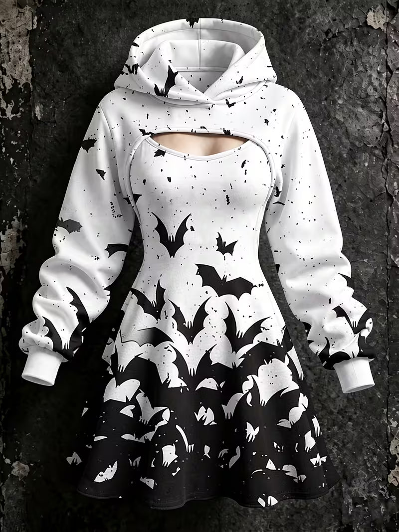 Women's Gothic Art Print Long Sleeve Hooded Shrug Cami A-Line Dress Two Piece Sets