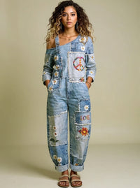 Women's Retro Floral Color-Blocked Art Print Washed Cotton Denim Patchwork Jumpsuit