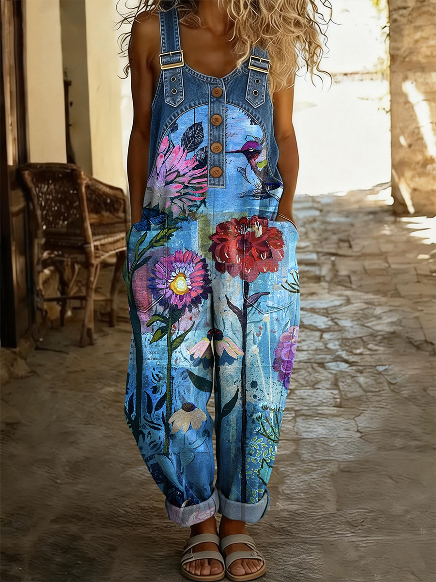 Women's Retro Floral Art Print Casual Sleeveless Denim Patchwork Jumpsuit
