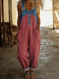 Women's Casual Washed Cotton Denim Patchwork Jumpsuit