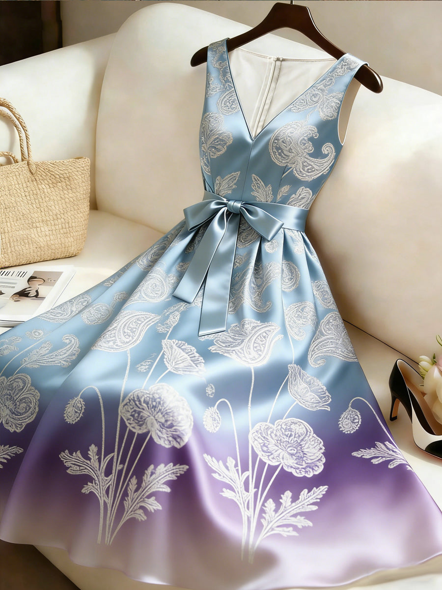 Retro Style Floral Art Print V-Neck Sleeveless Cotton Maxi Dress