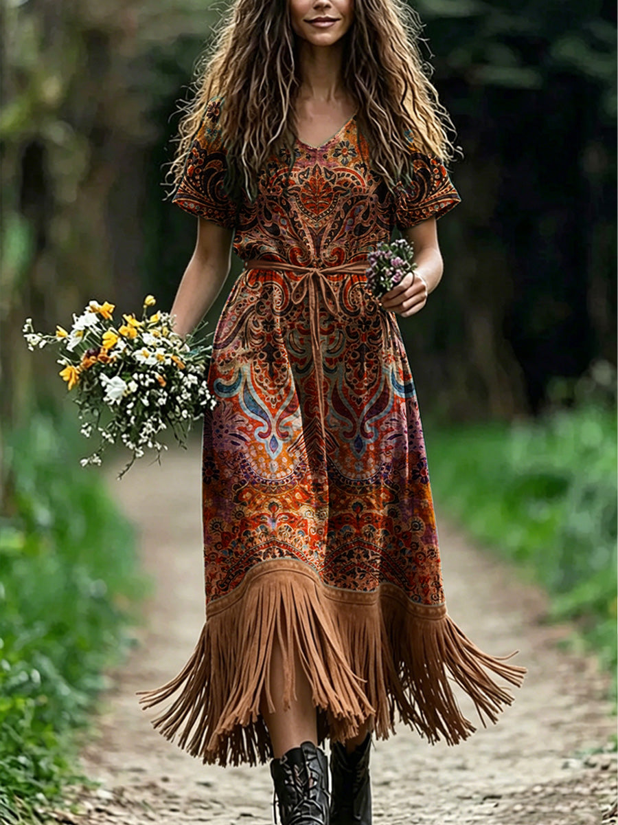Women's Retro Floral Art Print Casual Vintage V-Neck Short-Sleeve Tassel Dress