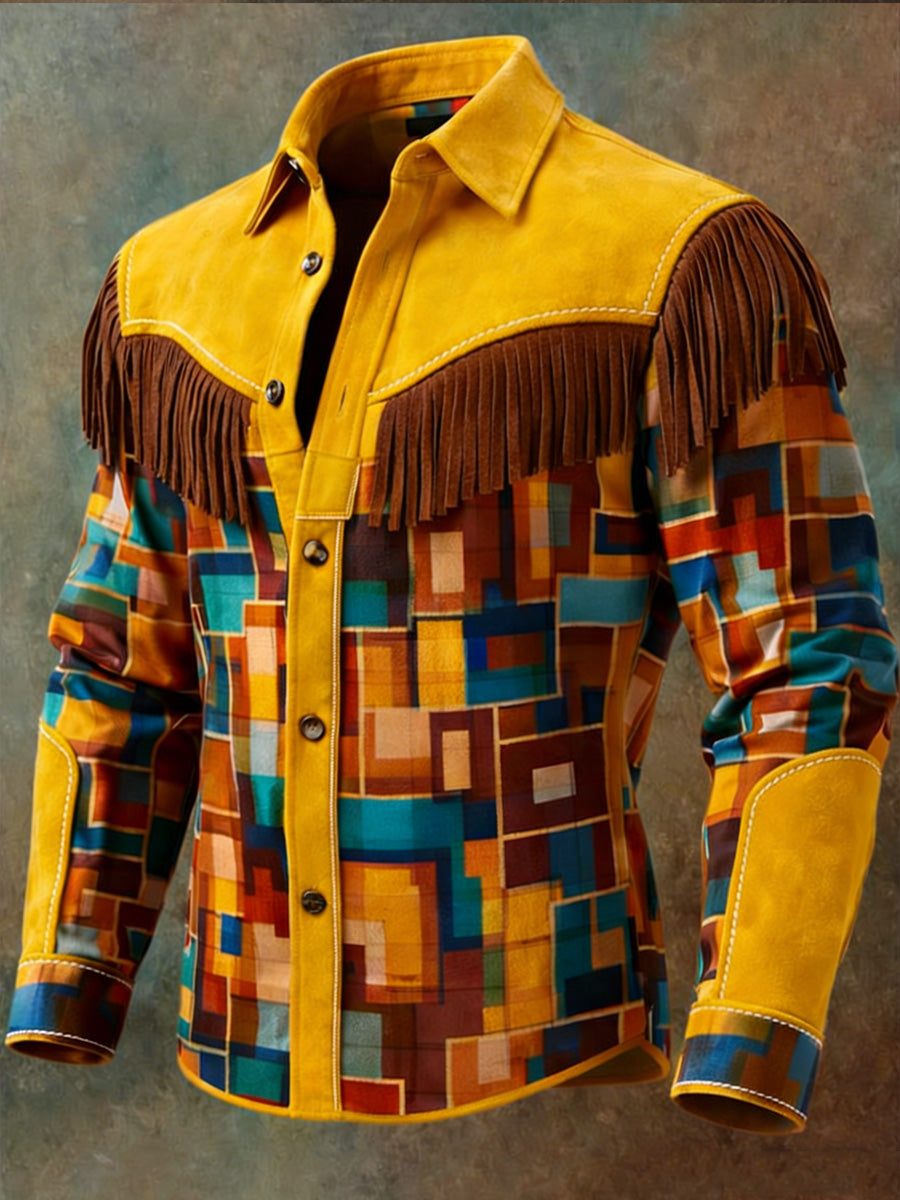 Men's Retro Leisurely Style Art Print Western Vintage Tassel Casual Long Sleeve Shirt