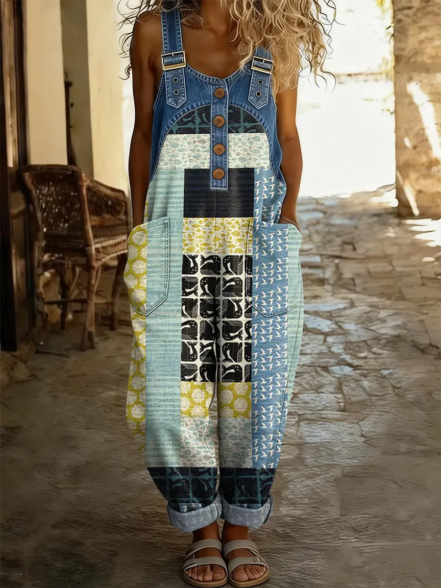 Women's Geometric Art Print Washed Cotton Denim Patchwork Jumpsuit