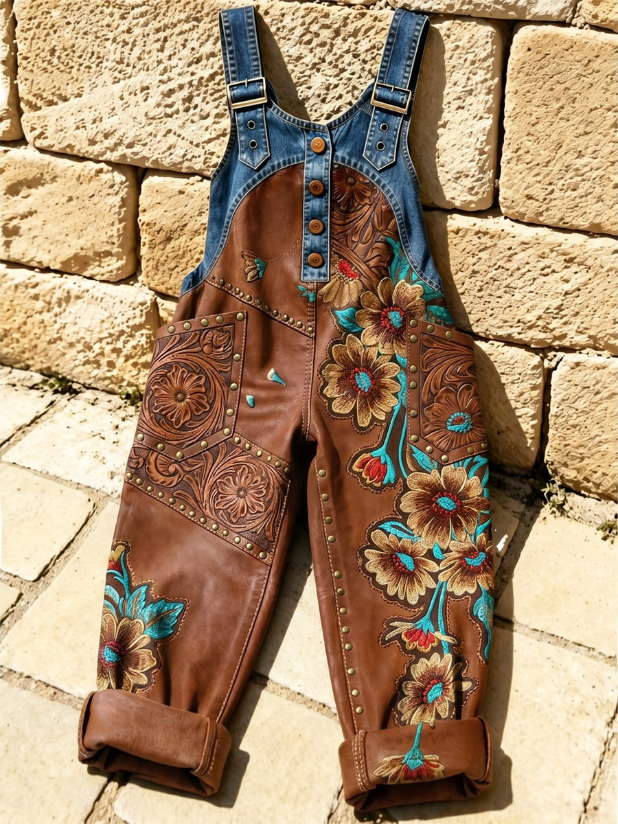 Women's Retro Style Print Washed Cotton Denim Patchwork Jumpsuit