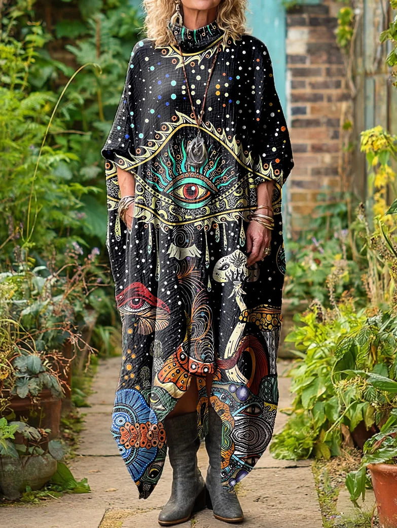 Mushroom Art Print Long Sleeve Midi Dress