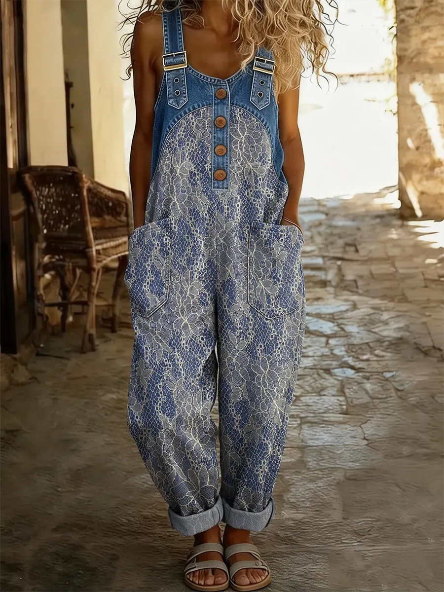 Women's Retro Lace Floral Art Print Casual Washed Cotton Denim Patchwork Jumpsuit