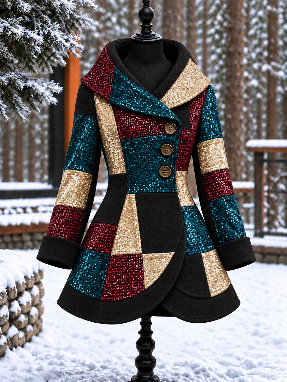 Women's Vintage Colorblock Asymmetrical Flared Coat