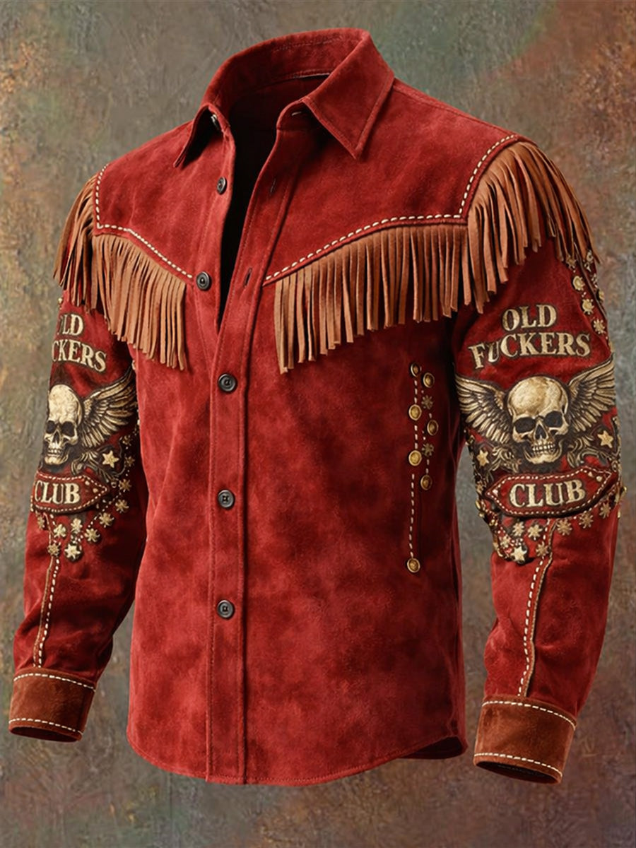 Men's Retro Western Style Print Vintage Tassel Casual Long Sleeve Shirt