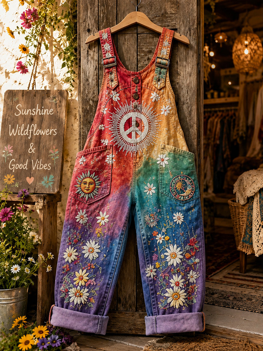 Women's Retro Style Art Print Washed Cotton Denim Patchwork Jumpsuit