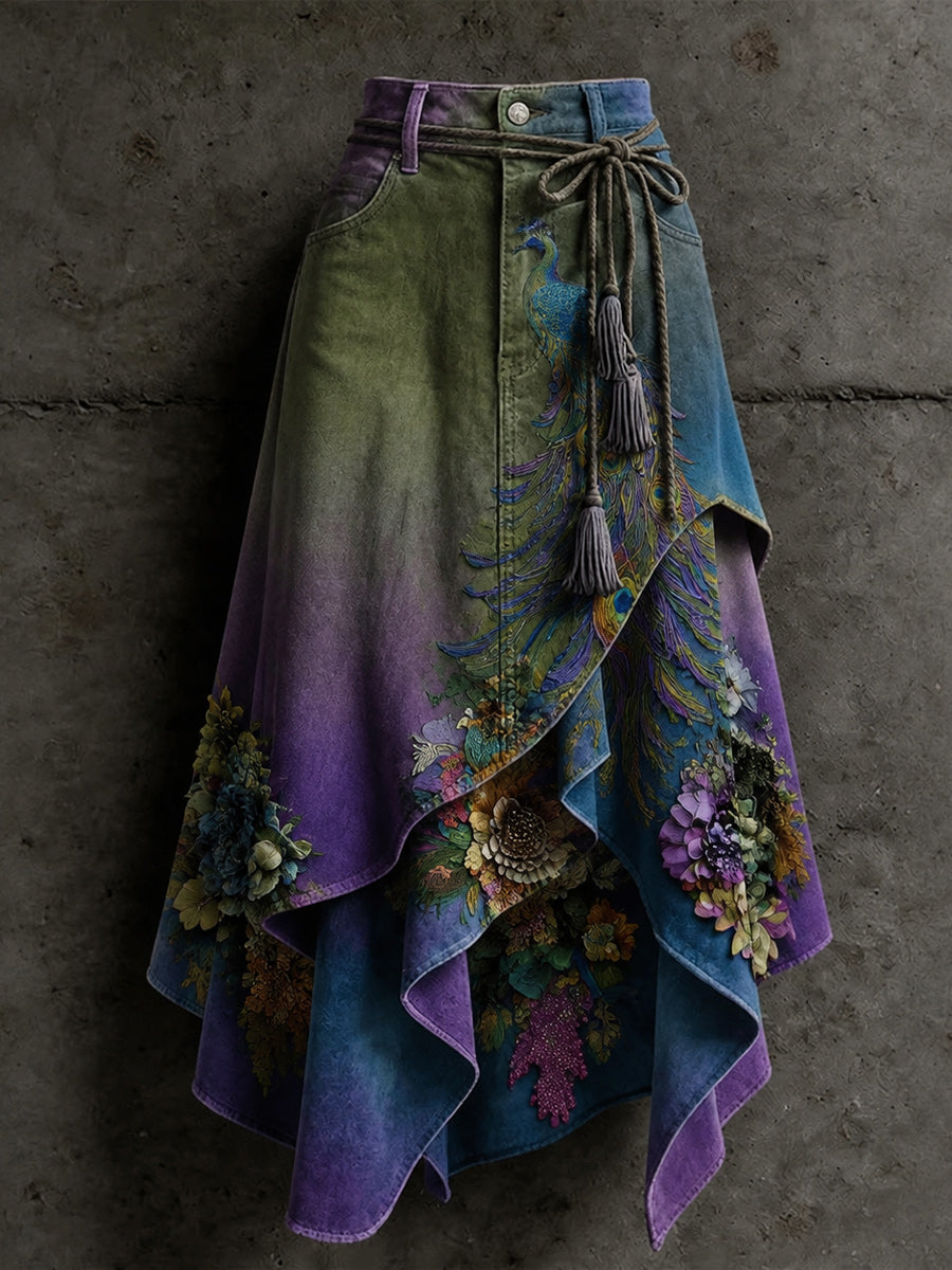Women's Retro Style Art Print Irregularly Layered Stitched Skirt