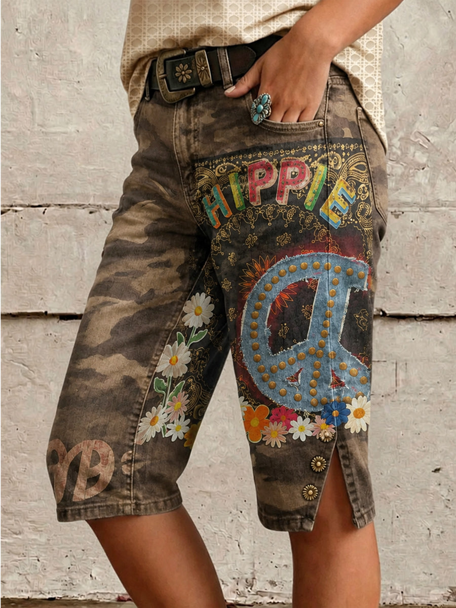 Retro Style Floral Art Print Vintage Casual Denim Shorts