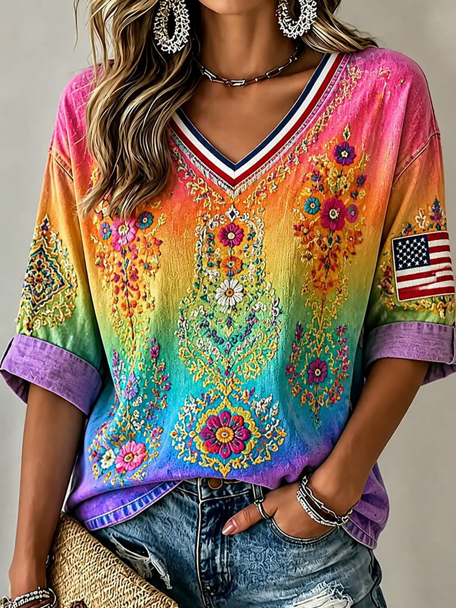 Retro Style Floral Art Printed Vintage V-Neck Casual Elbow Sleeve Top