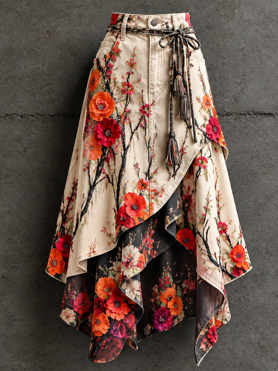 Women's Retro Style Art Print Irregularly Layered Stitched Skirt