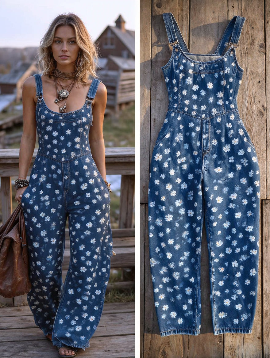 Women's Retro Style Art Print Washed Cotton Denim Patchwork Jumpsuit