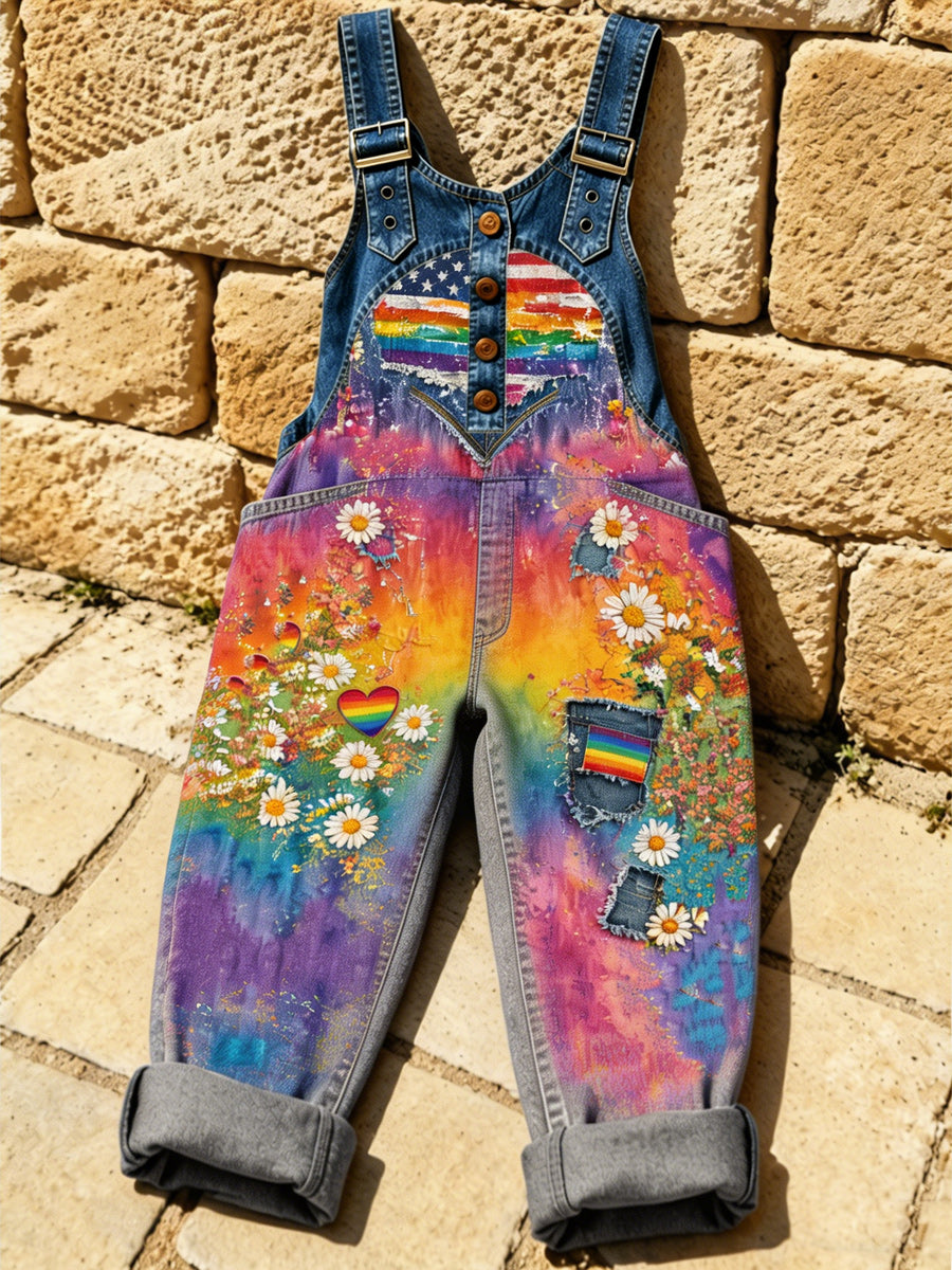 Women's Retro Style Art Print Washed Cotton Denim Patchwork Jumpsuit