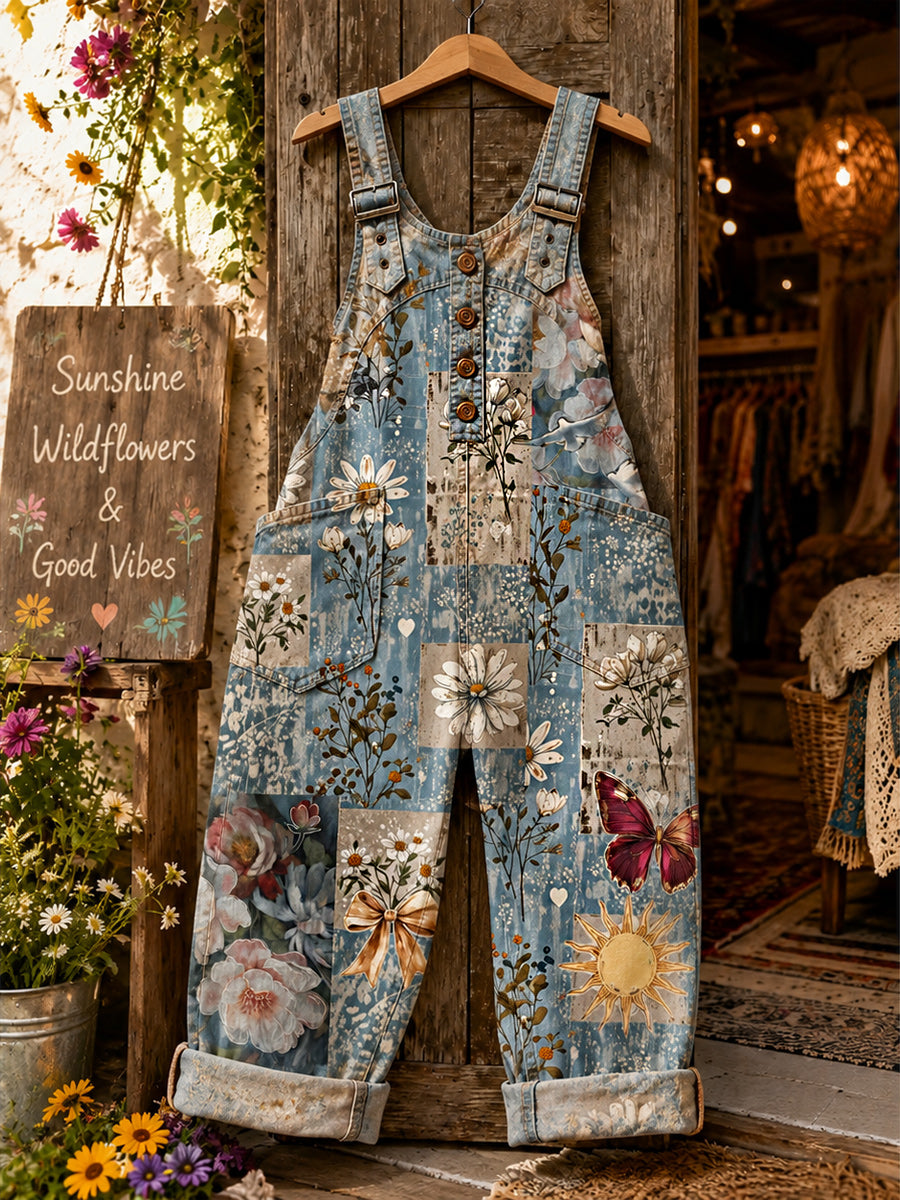Women's Retro Style Art Print Washed Cotton Denim Patchwork Jumpsuit