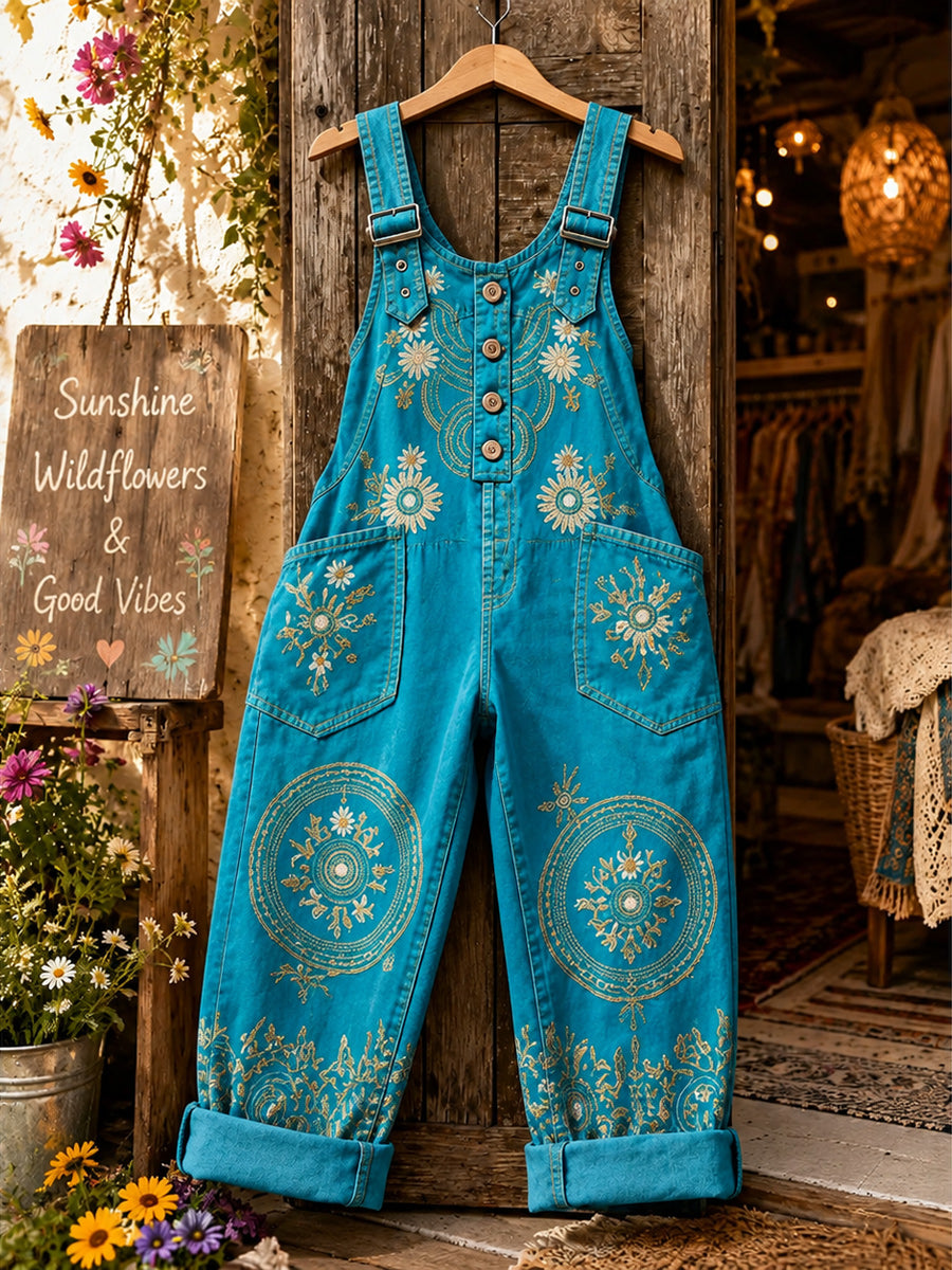 Women's Retro Style Art Print Washed Cotton Denim Patchwork Jumpsuit