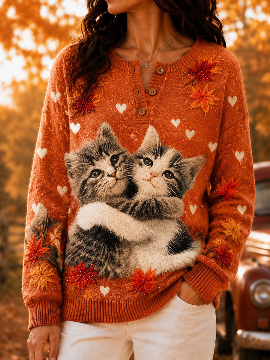Women's Retro Autumn Art Print Knit Sweater