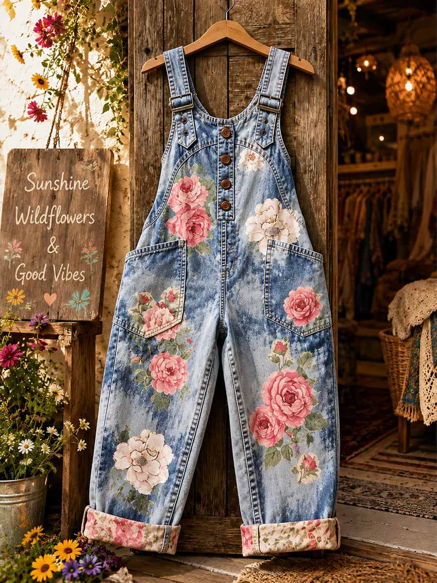 Women's Retro Style Art Print Washed Cotton Denim Patchwork Jumpsuit