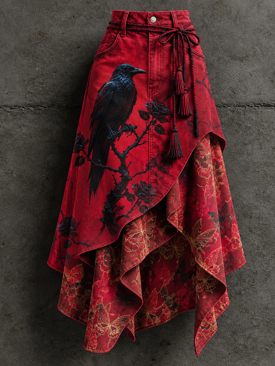 Women's Retro Style Art Print Irregularly Layered Stitched Skirt