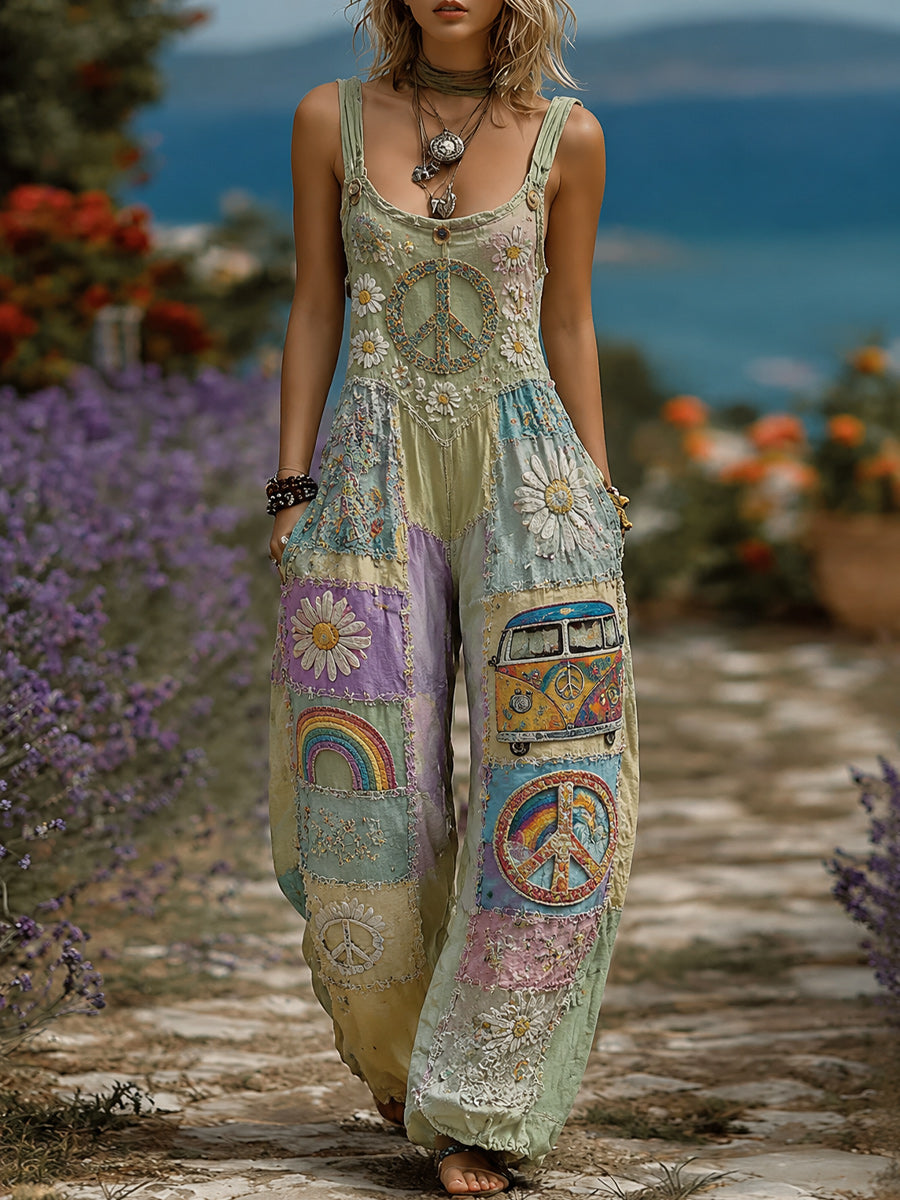 Women's Retro Style Art Print Washed Cotton Denim Patchwork Jumpsuit