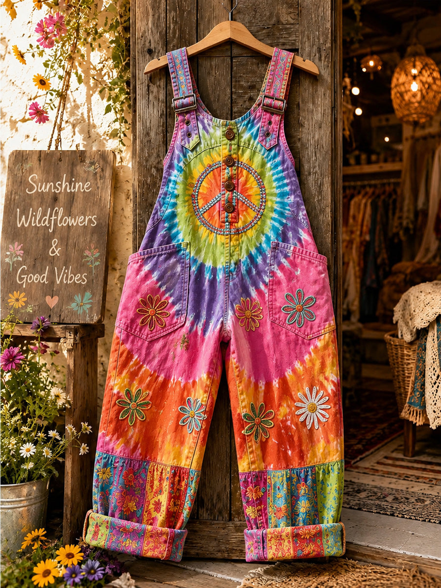 Women's Retro Style Art Print Washed Cotton Denim Patchwork Jumpsuit