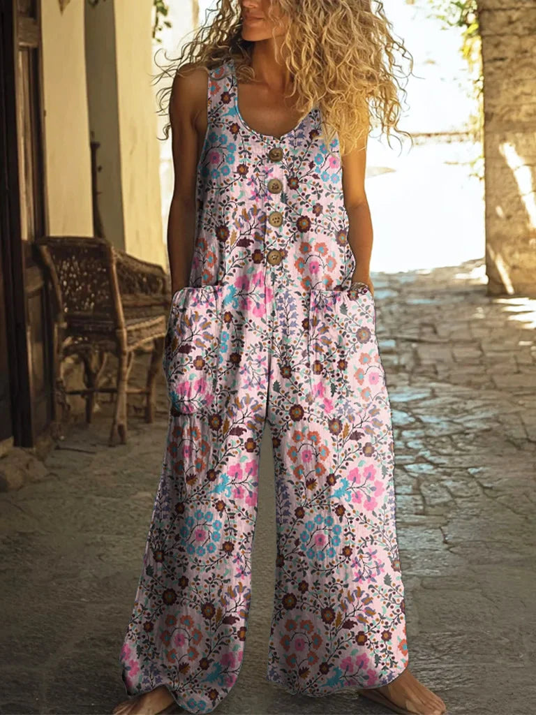 Women's Vintage Ethnic Art Print Wide Leg Jumpsuit