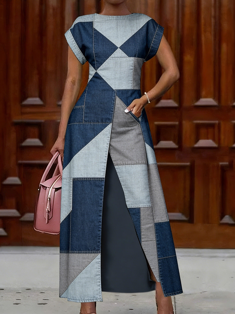 Retro Geometry Abstract Art Print Vintage Long Split Shirts Dress Skinny Pants Two-Piece Set