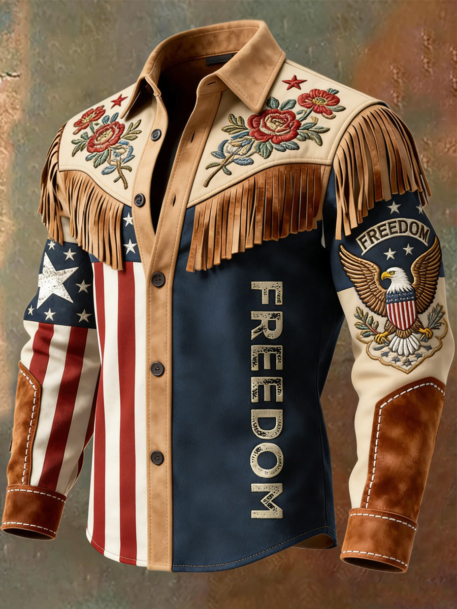 Men's Retro Freedom American Eagle Print Vintage Tassel Casual Long Sleeve Shirt