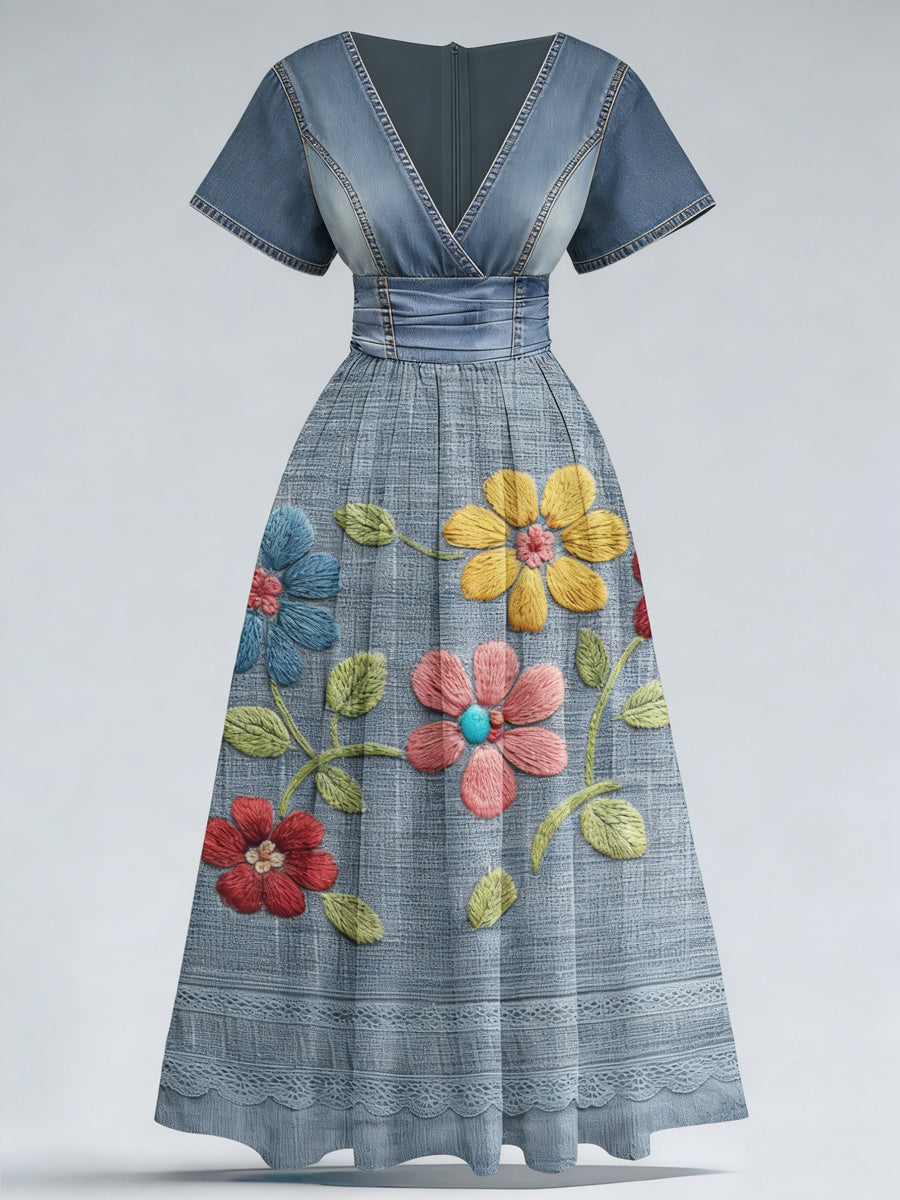 Retro Denim Floral Art Printed Elegant V-Neck Vintage Short Sleeve Maxi Dress