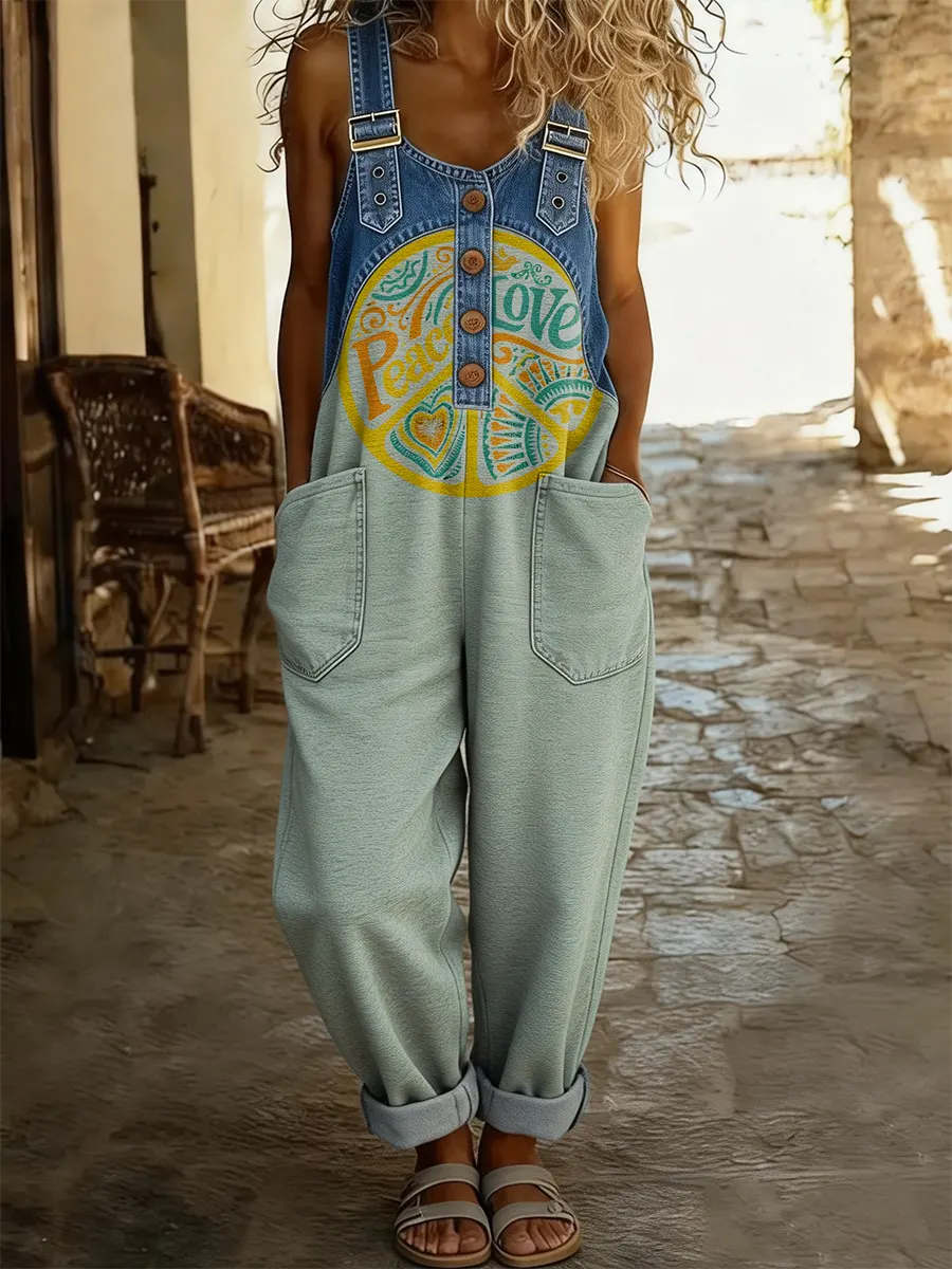 Hippie Love Peace Bohemian Women's Casual Washed Cotton Denim Patchwork Jumpsuit