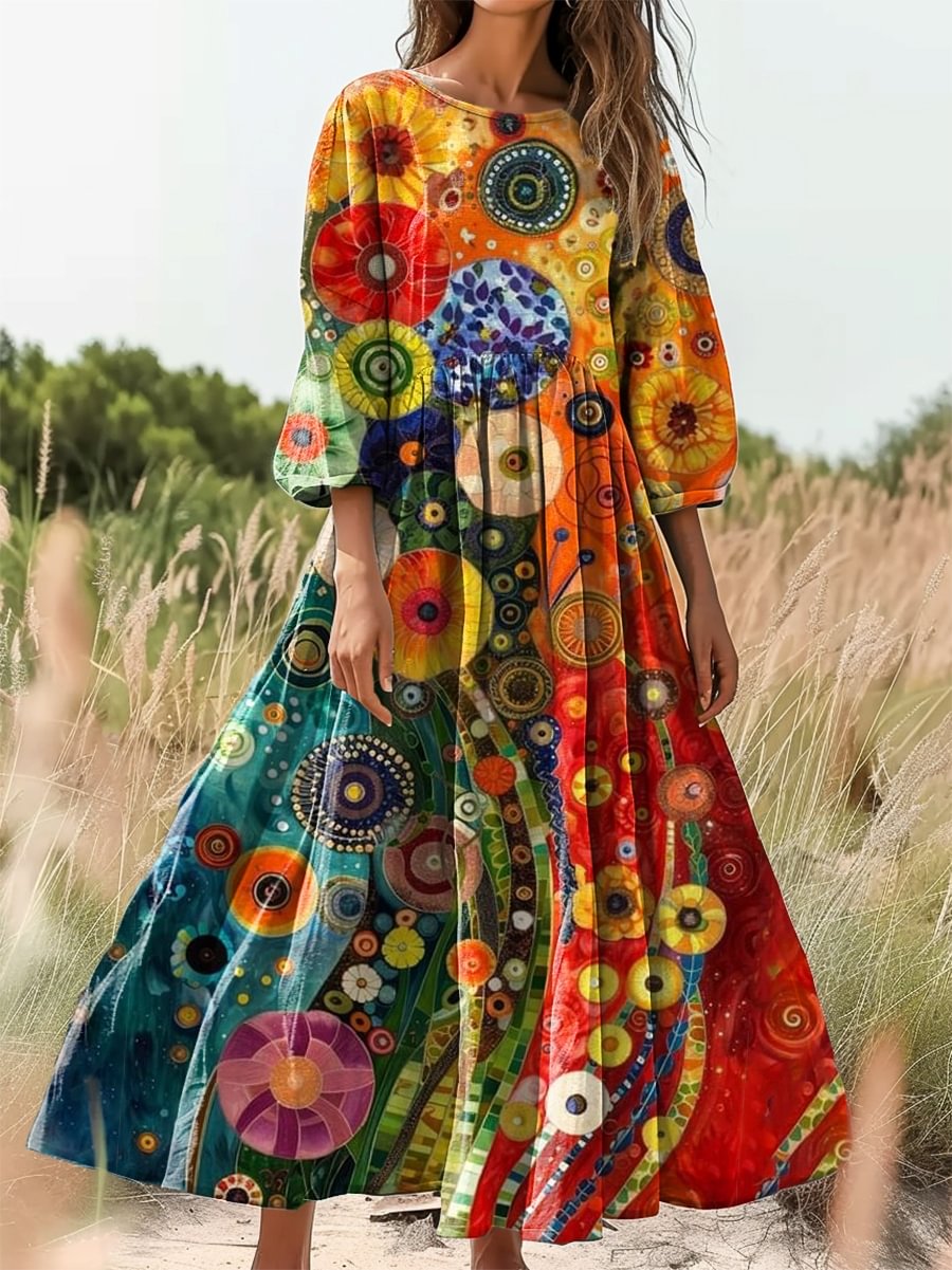 Retro Floral Art Print Long Sleeve Midi Dress