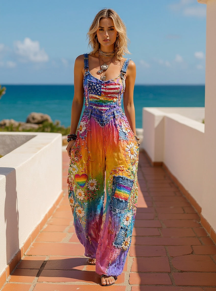 Women's Retro Style Art Print Washed Cotton Denim Patchwork Jumpsuit