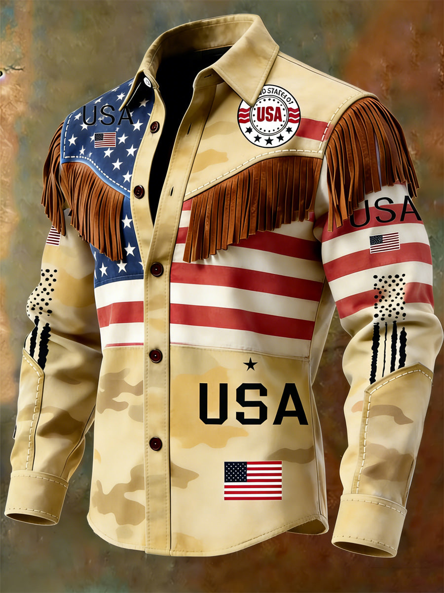 Men's Retro U.S 250 Commemorative Veteran Print Western Vintage Tassel Casual Long Sleeve Shirt