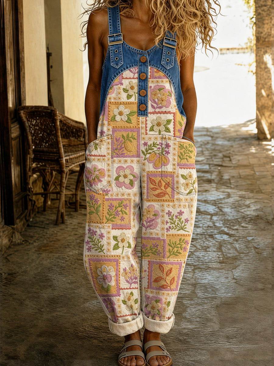 Women's Retro Style Print Washed Cotton Denim Patchwork Jumpsuit