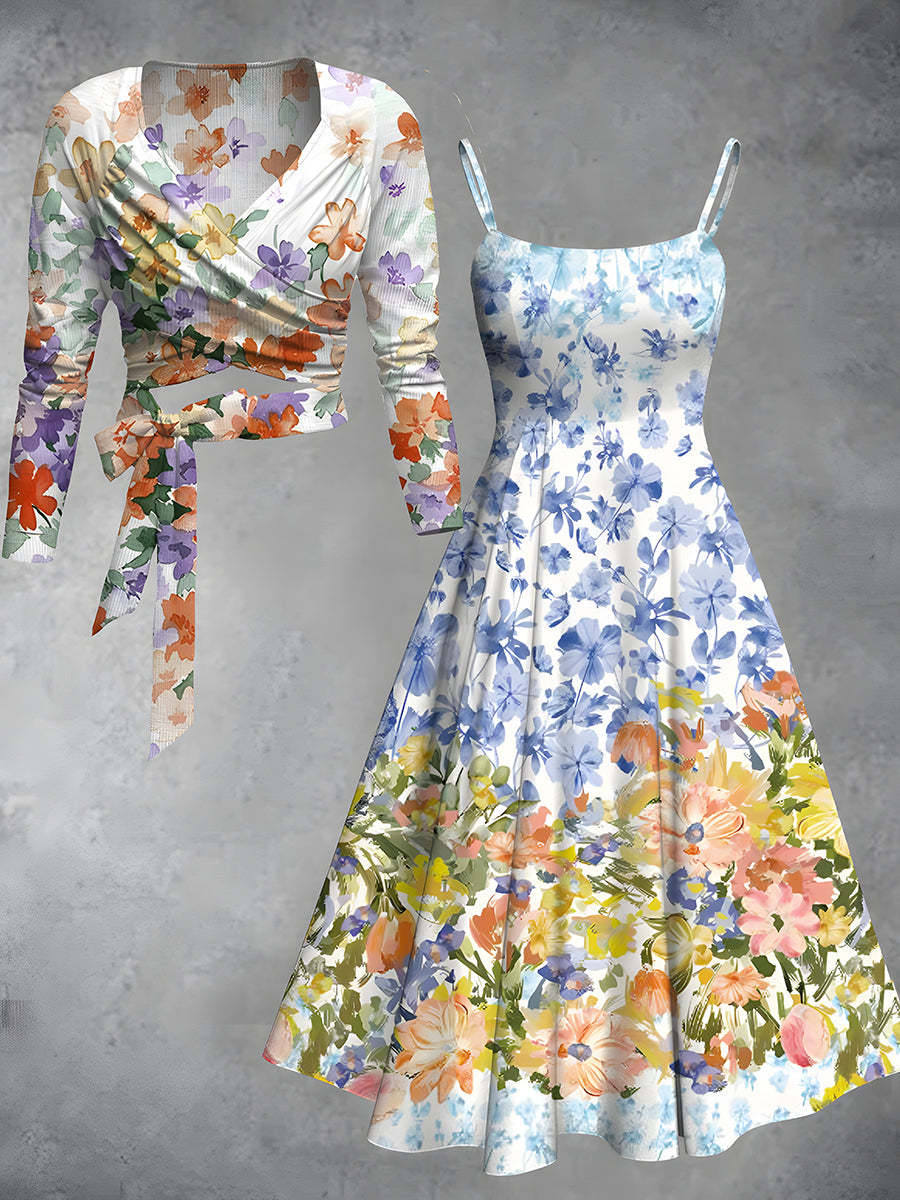 Retro Floral Art Printed Vintage Unique Slim Fit Cross Wrap Long Sleeve Two-Piece Midi Dress