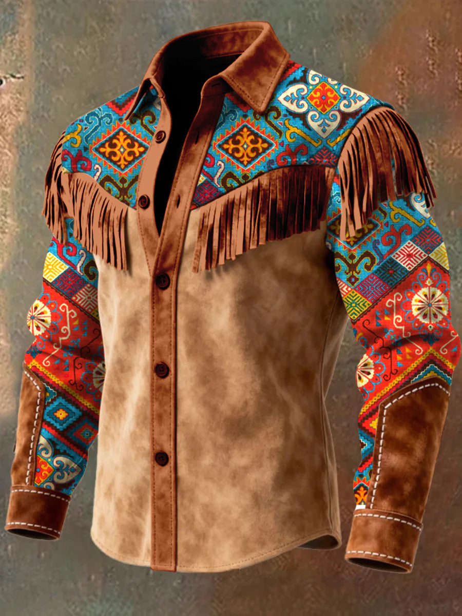 Men's Retro Western Style Art Print Vintage Tassel Casual Long Sleeve Shirt