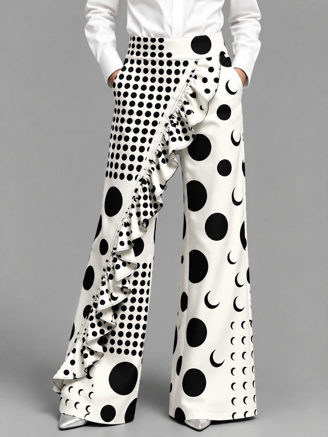 Women's Polka Dot Asymmetrical Ruffle Wide Leg Pants