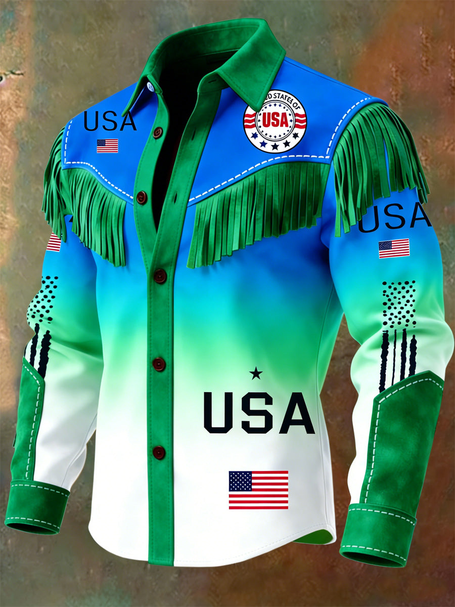 Men's USA Flag Art Western Style Print Vintage Tassel Casual Long Sleeve Shirt