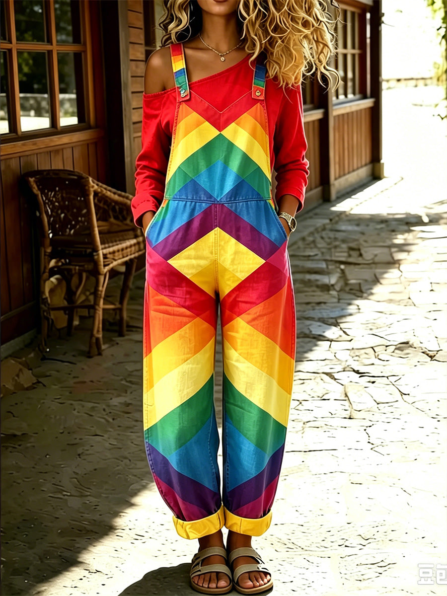 Women's Retro Pride Month Rainbow Art Print Washed Cotton Denim Patchwork Jumpsuit