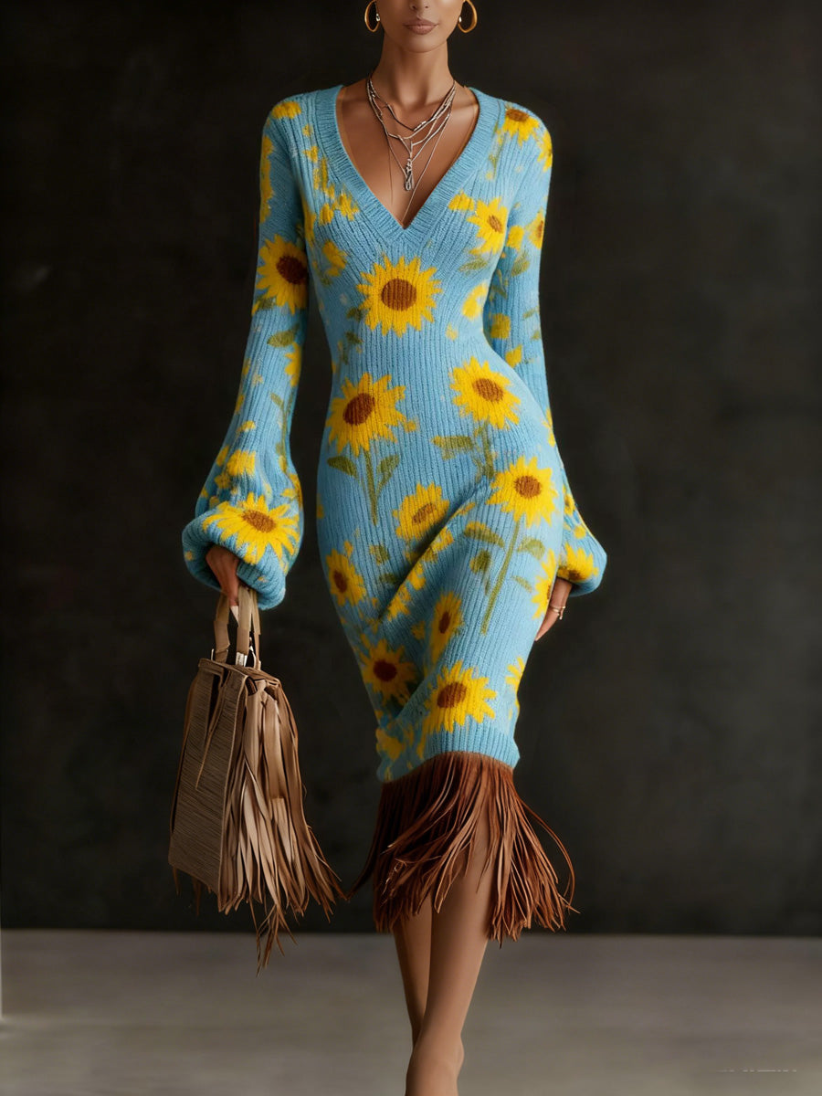 Retro Floral Art Print Vintage V-Neck Pit Striped Knitted Tassels Long-Sleeve Midi Dress