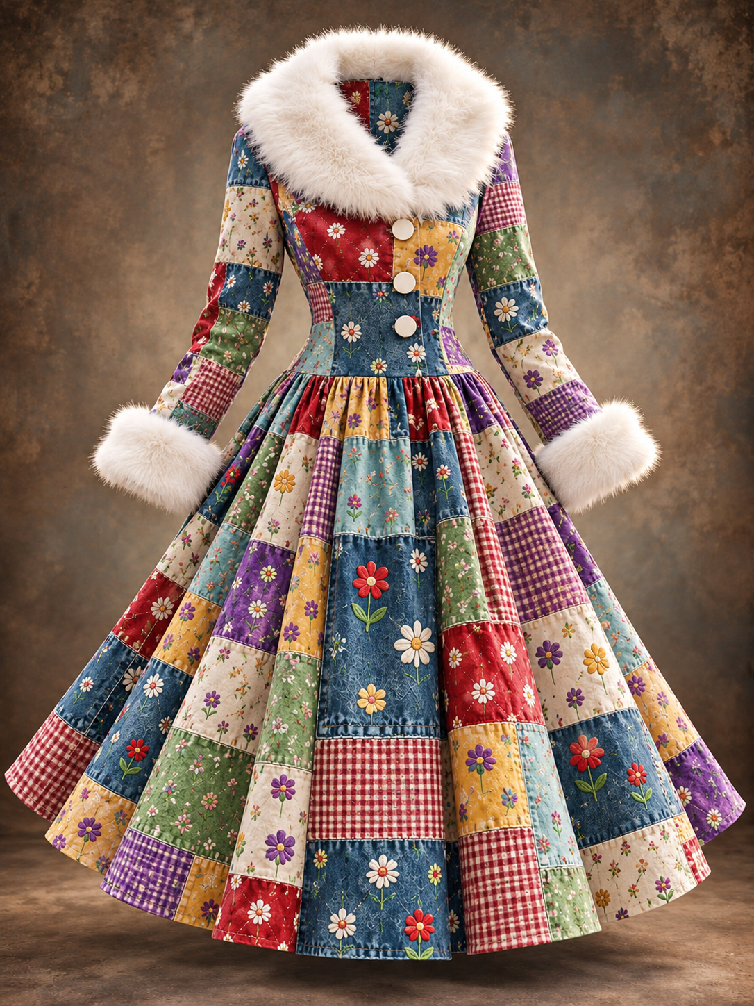 Floral Print Vintage Elegant Fur Collar Long Sleeve Midi Dress