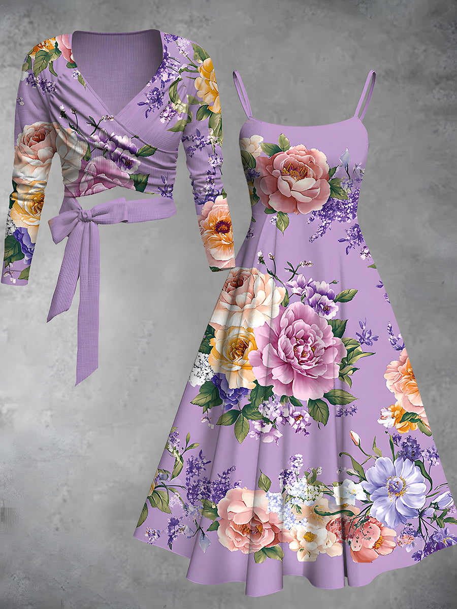 Retro Floral Art Printed Vintage Unique Slim Fit Cross Wrap Long Sleeve Two-Piece Midi Dress