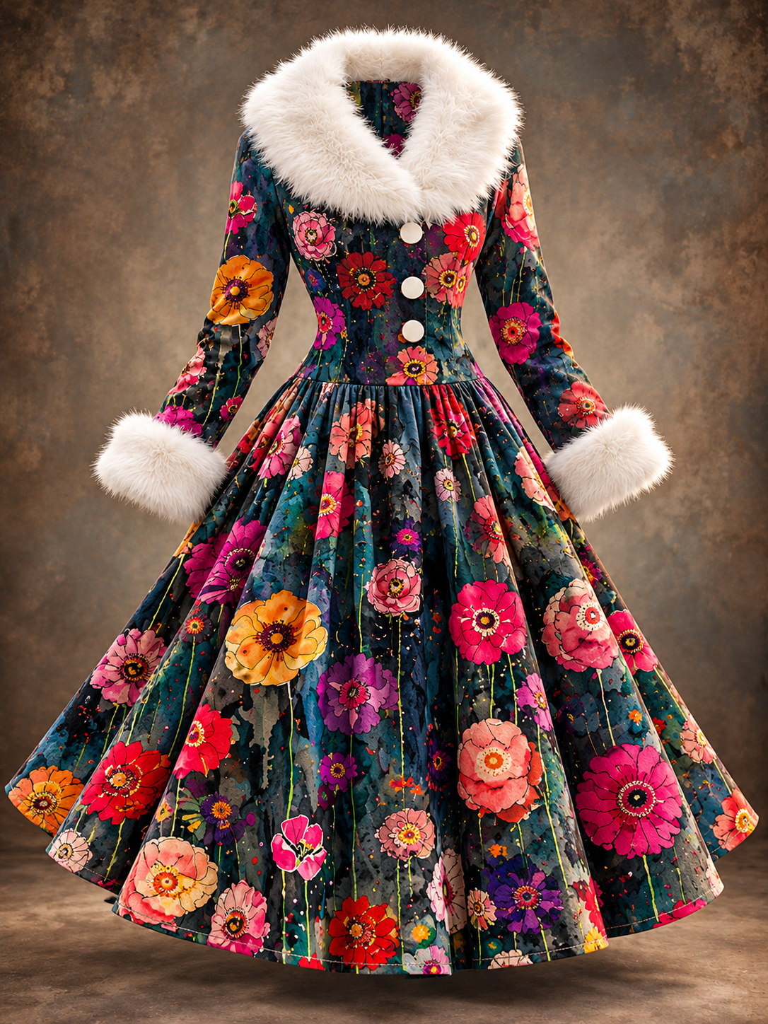 Floral Print Vintage Elegant Fur Collar Long Sleeve Midi Dress