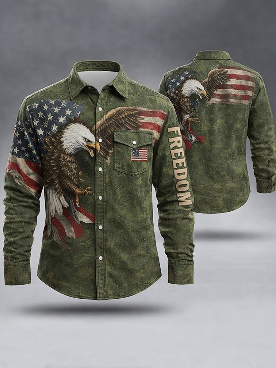 Men's Freedom American Print Cotton Vintage Casual Cotton Long Sleeve Shirt